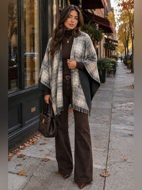 Estudio OS Reversible Plaid‎ Shawl Black Cape Transitional Staple Fringe Wrap